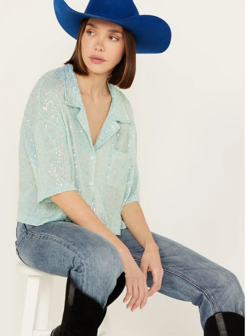POL aqua Green Sequin Button-Up Blouse